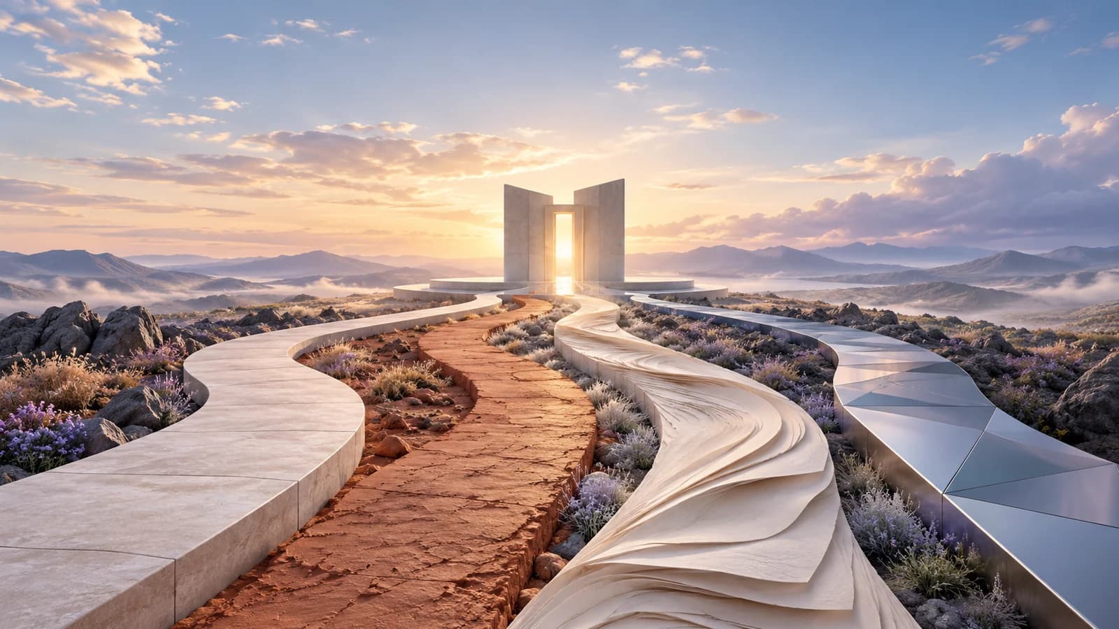 Four paths made of different materials converge toward a shared gateway.
