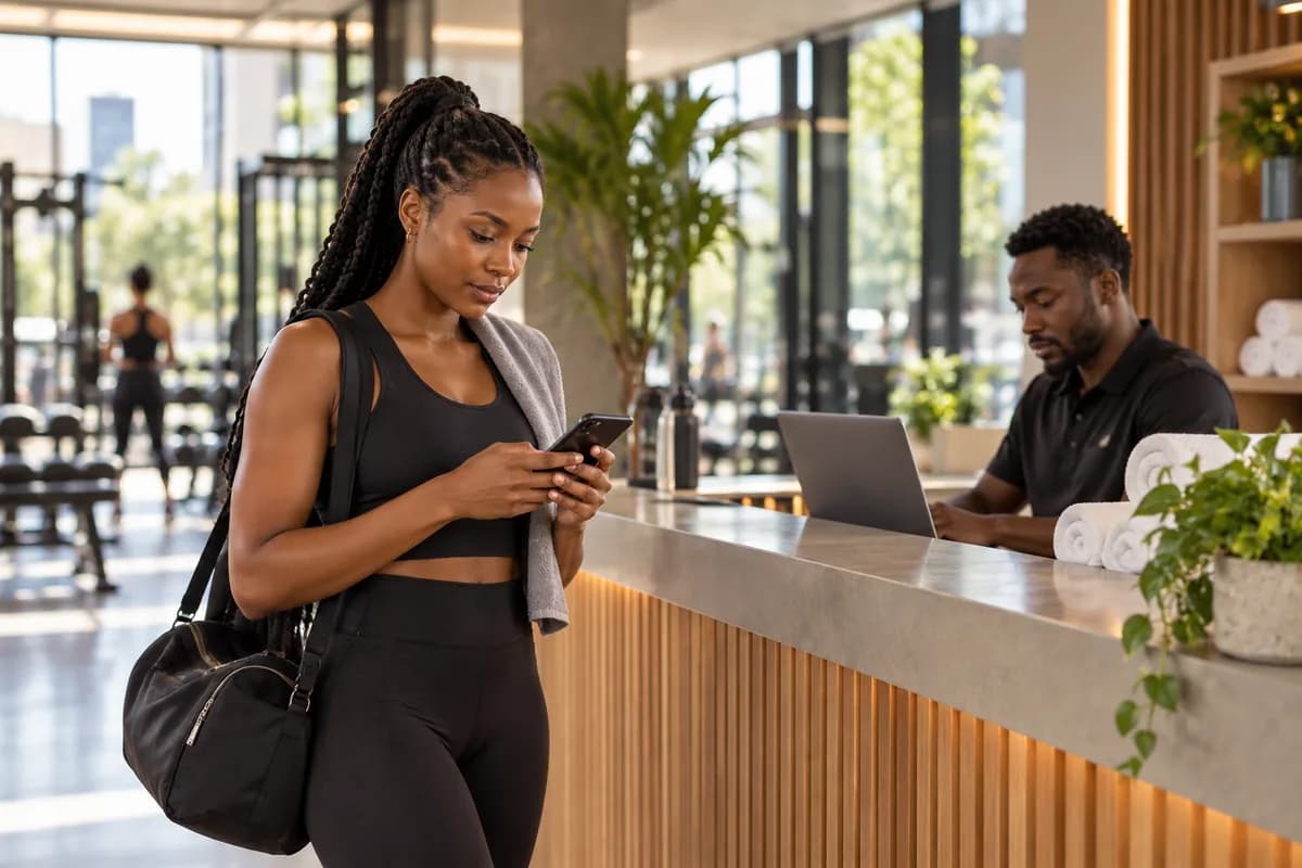 A member at a gym reception, checking her phone while the team works behind the desk.