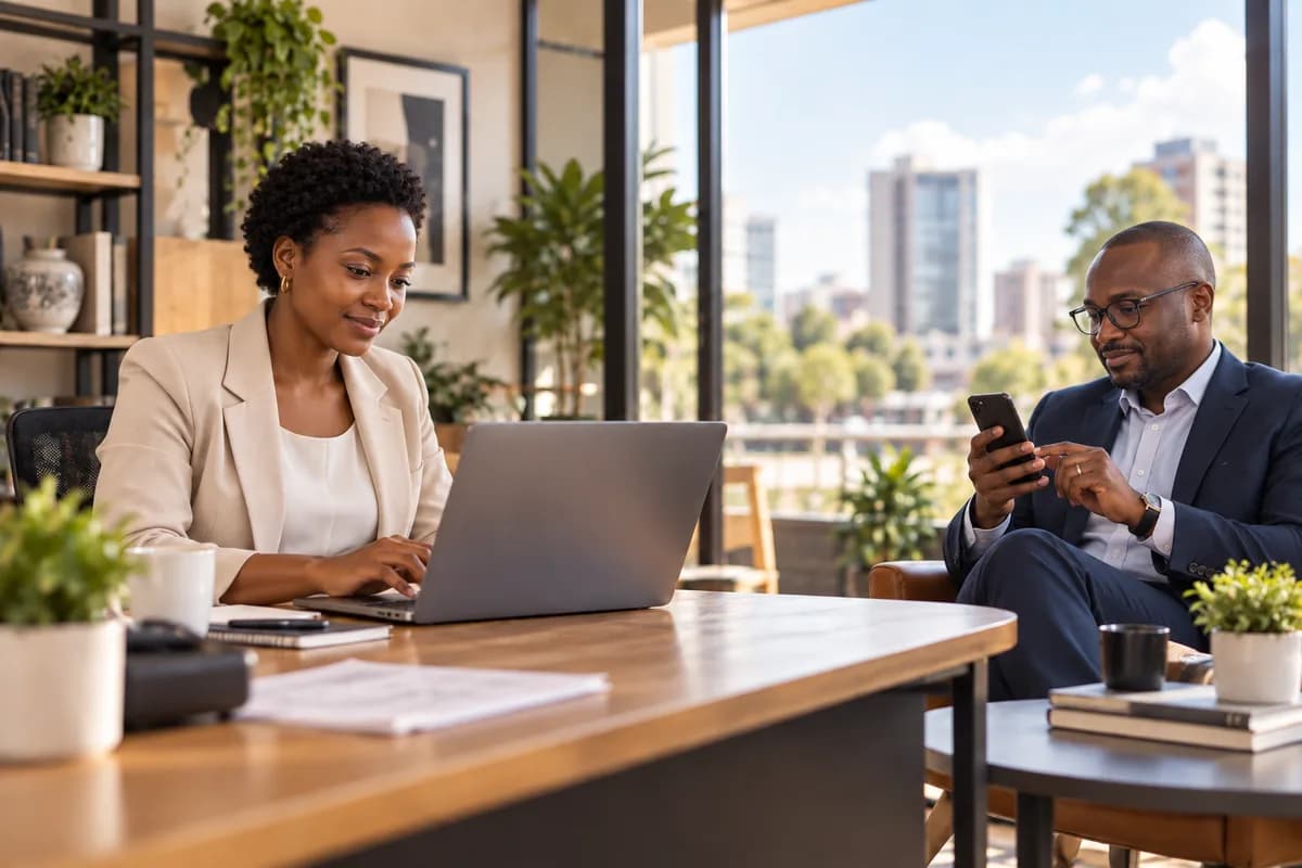 A service business owner working with a client in a bright office.