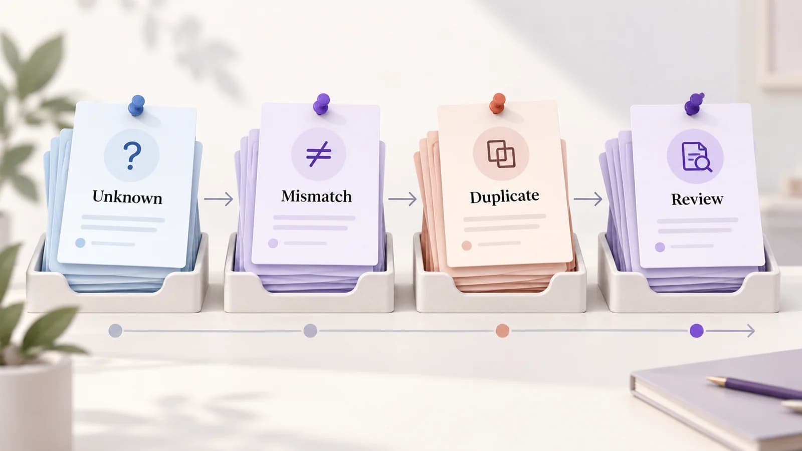 A calm stack of workflow items illustrates an exception queue.
