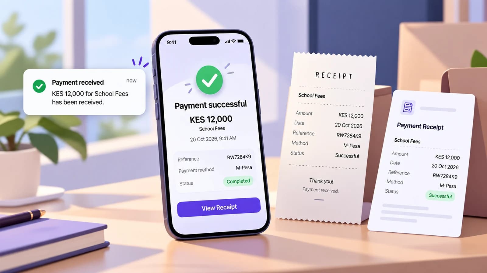 A payment-success moment is paired with an organised receipt scene.