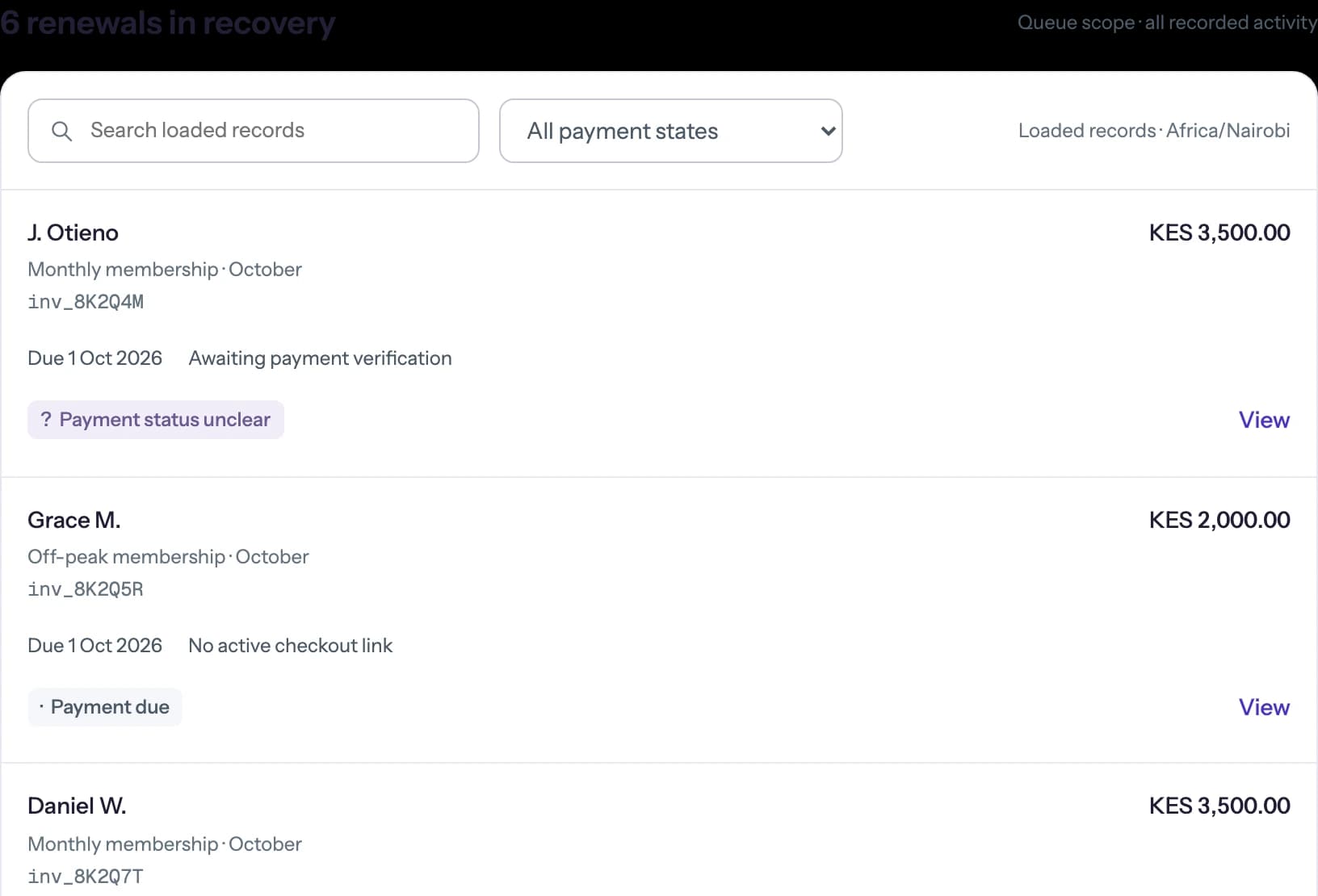 RoamerWave recovery view listing fictional unpaid bills with the payment state and next step for each.